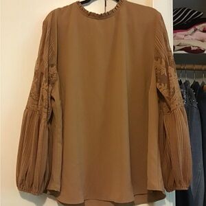 Midnight Velvet Tan Blouse with Lace Sleeves